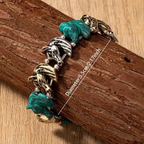 Boho Horse Charm Bracelet Teal Green & Silver Tone Equestrian Style Jewelry - Picture 3 of 3
